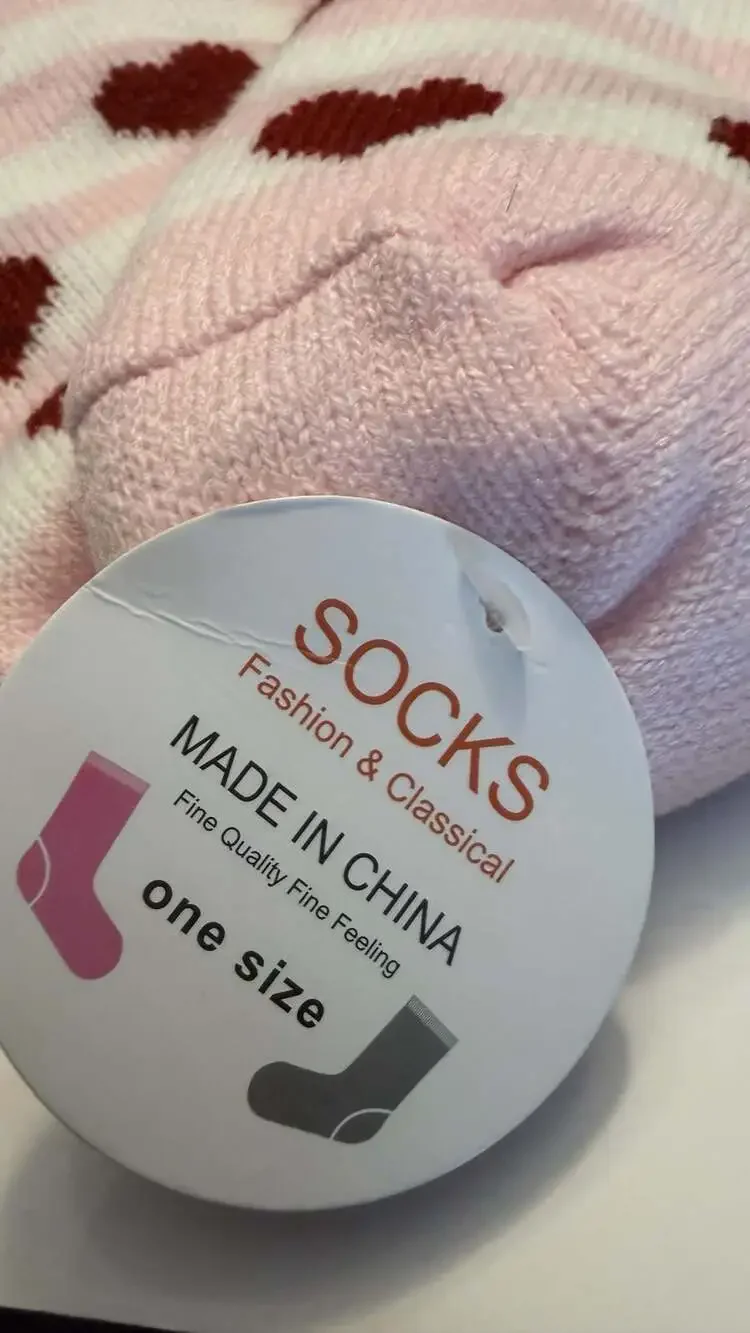 Women’s OS Slipper Socks Pink White Hearts Non-Slip Gripper Sherpa Lined